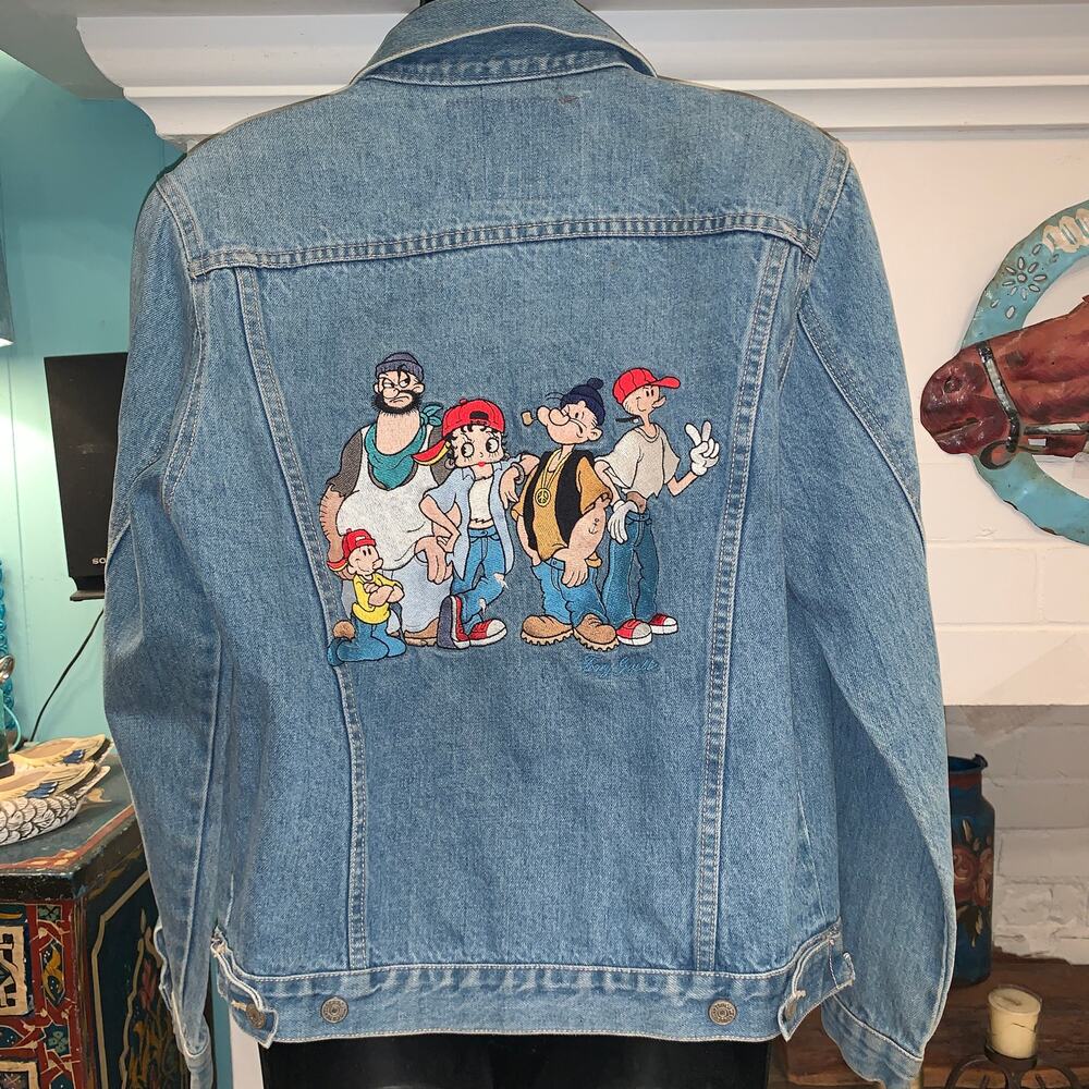 90's STREETWEAR “TOO CUTE" GUETTA BROS HIP HOP POPEYE BETTY BOOP DENIM JACKET